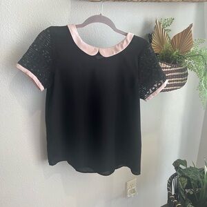 Twik Black Blouse with Pink Collar and Lace Sleeves